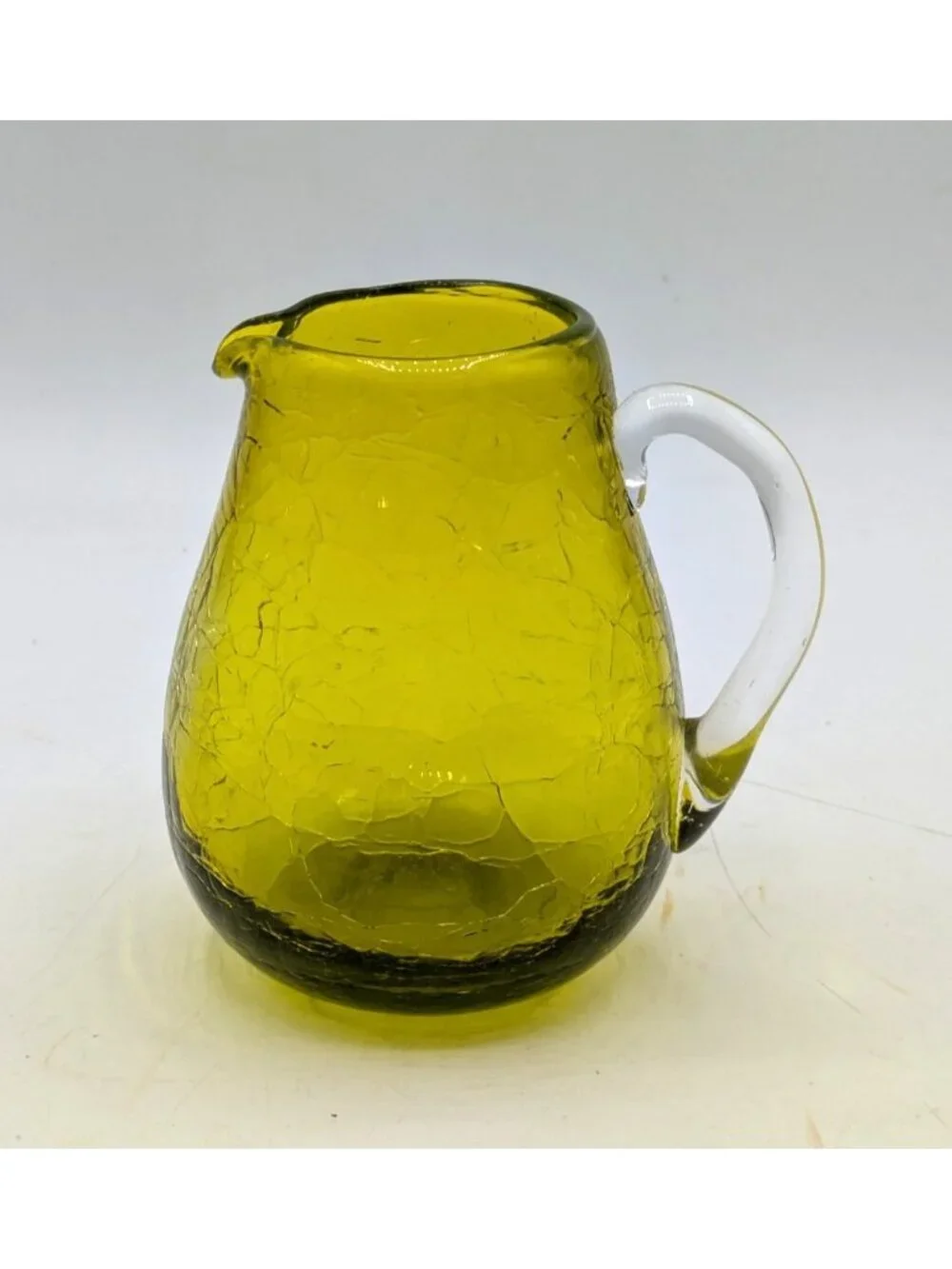 Vintage Blenko Glass Green Crackle Mini Pitcher Clear Handle Hand Blown 3.5